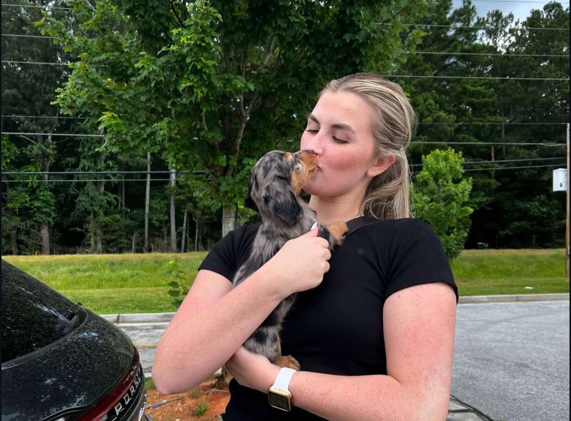 Happy family with their Dachshund puppy